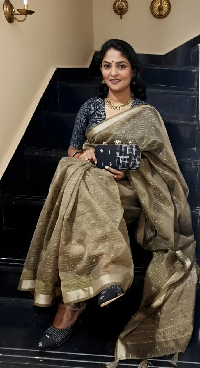 Handloom cotton with micro-checks and subtle Ikat-inspired border detailing - Image 5