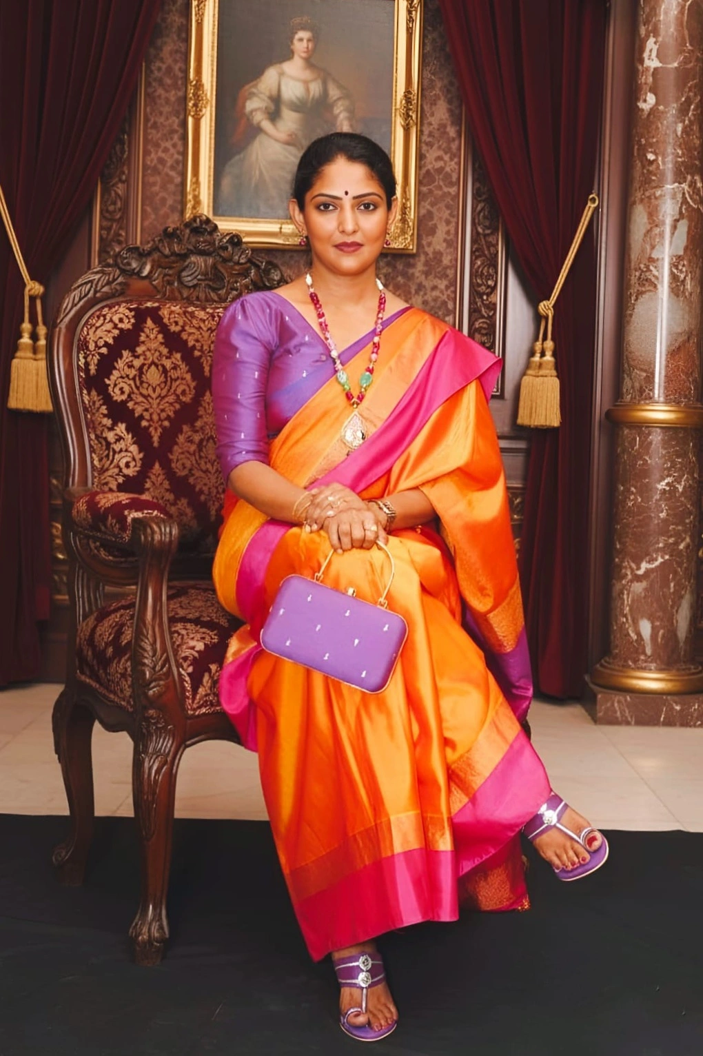 Purple silk-cotton designer blouse with V-neck - Image 2