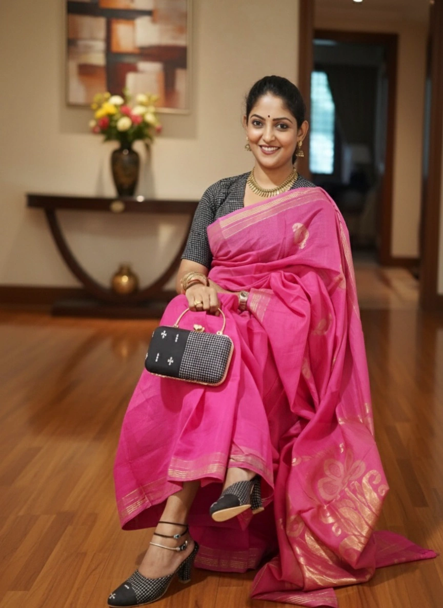 Handloom cotton with micro-checks and subtle Ikat-inspired border detailing - Image 6