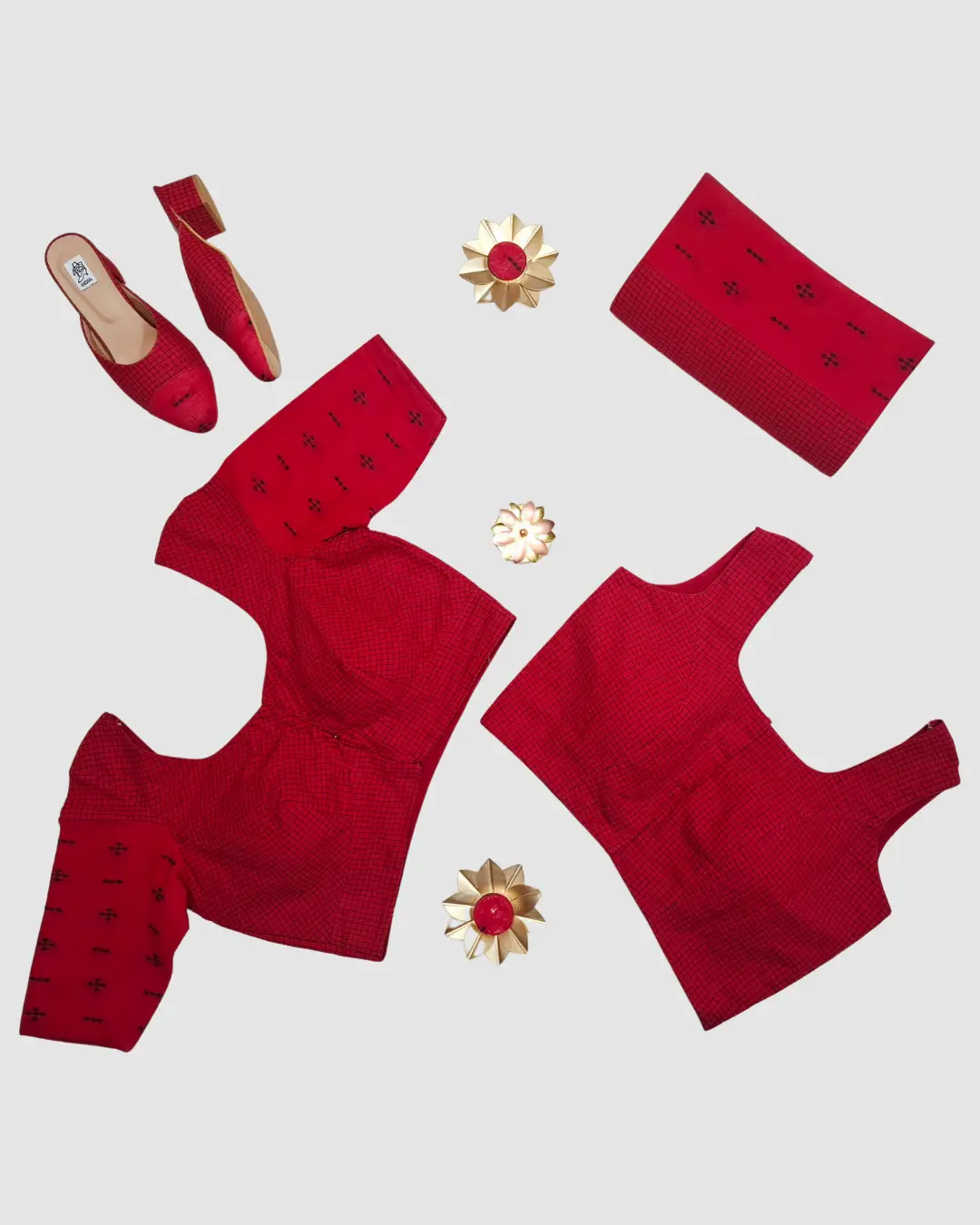 Handloom cotton / Ikat-inspired cotton with micro-check pattern and woven motif detailing.