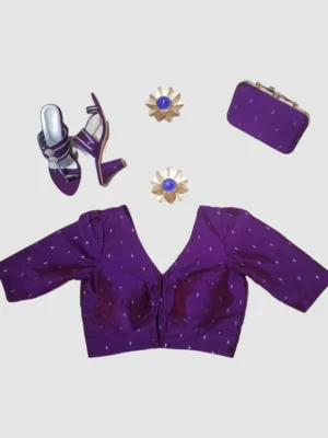 Purple silk-cotton designer blouse with V-neck