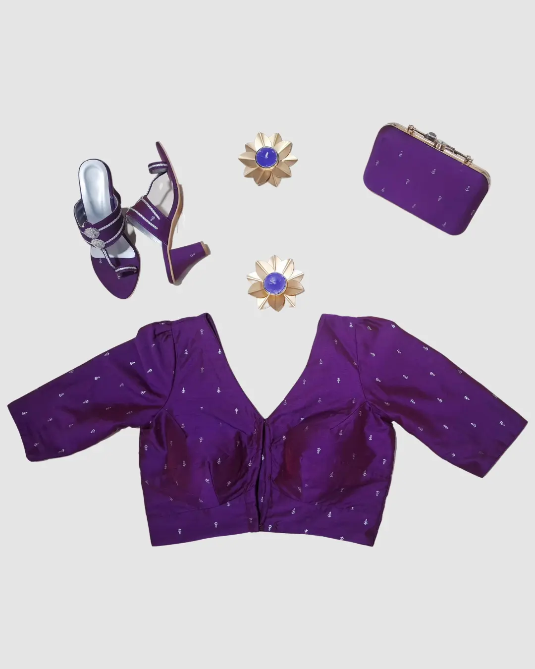 Purple silk-cotton designer blouse with V-neck