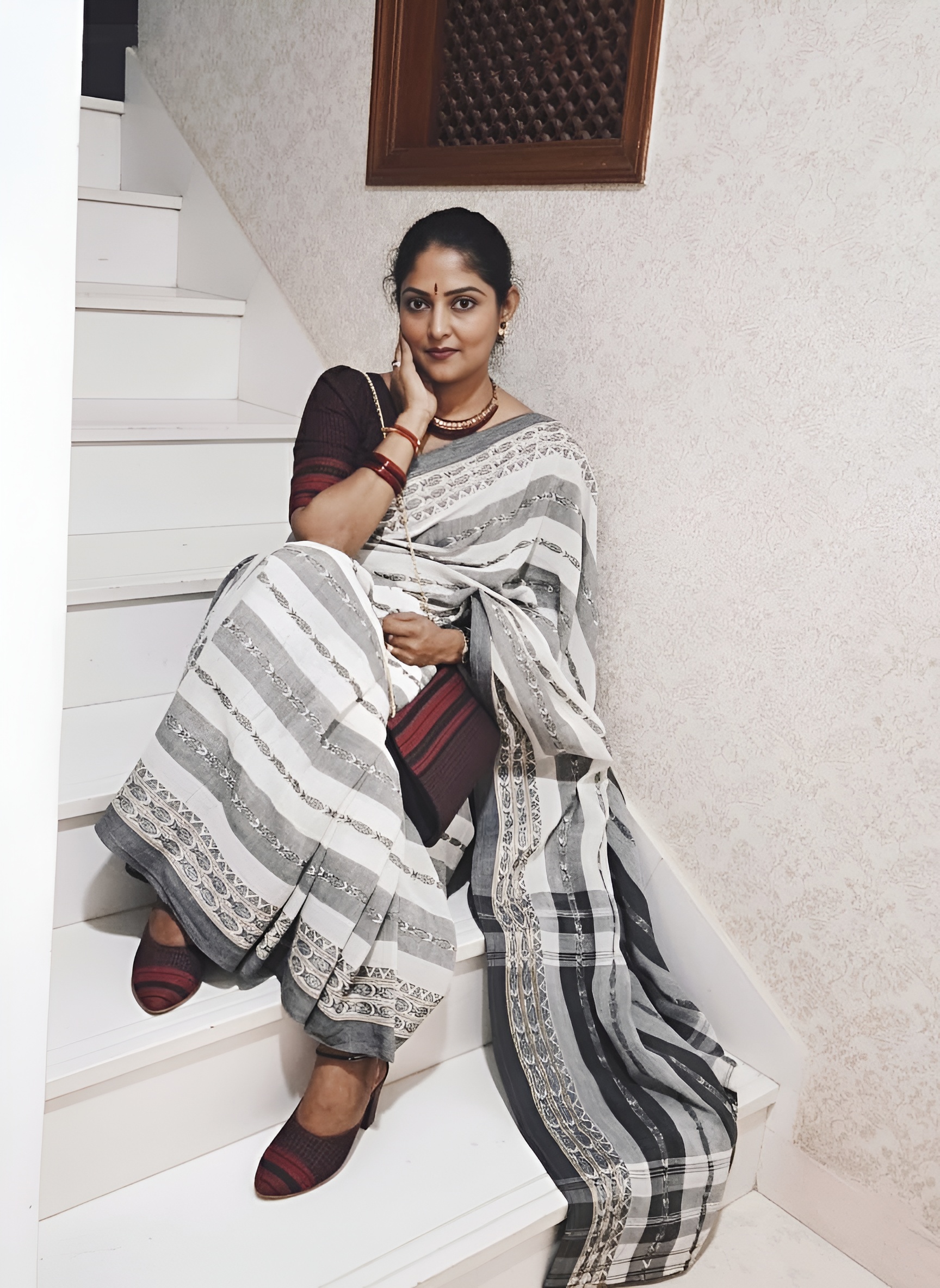 Handloom cotton with traditional woven borders and a fine micro-check pattern. - Image 3