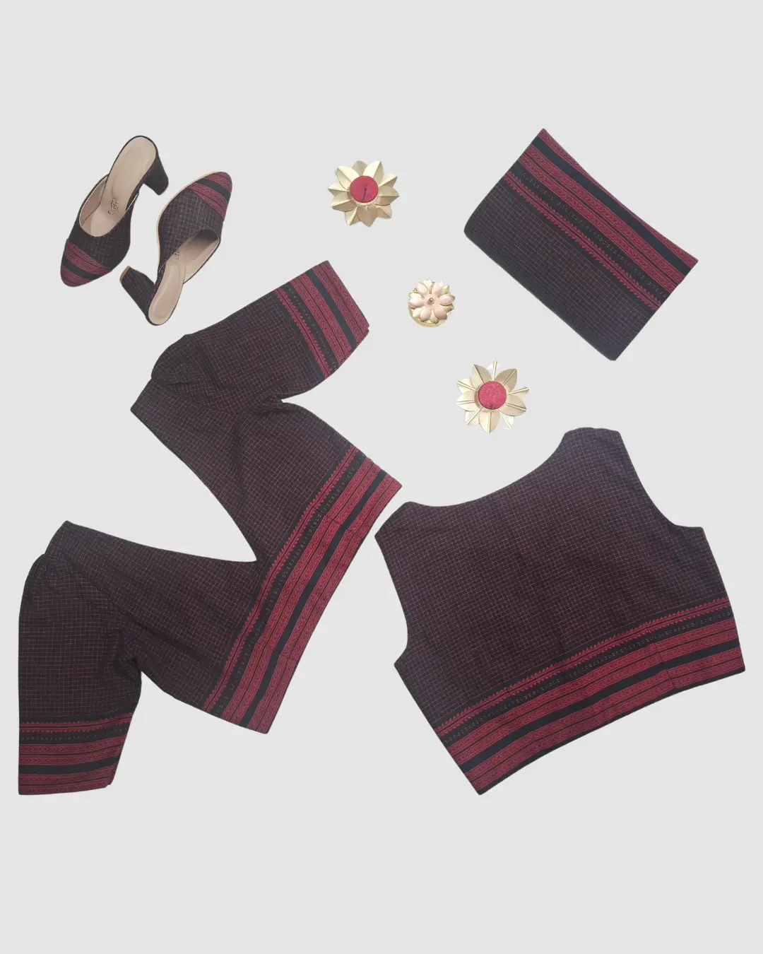 Handloom cotton with traditional woven borders and a fine micro-check pattern. - Image 2