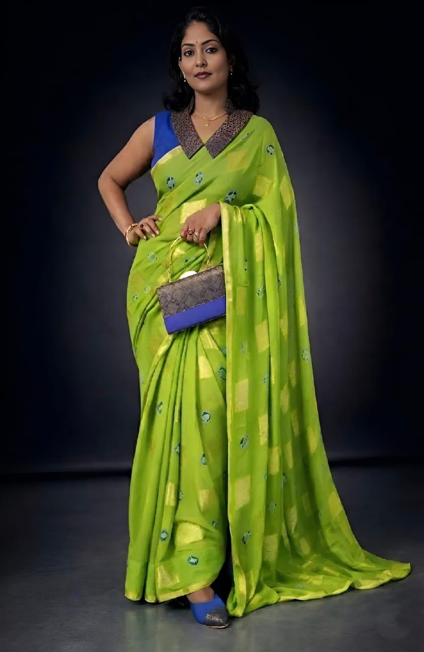 Blue Pattu, Brocade Blouse - Sleeveless - Image 2