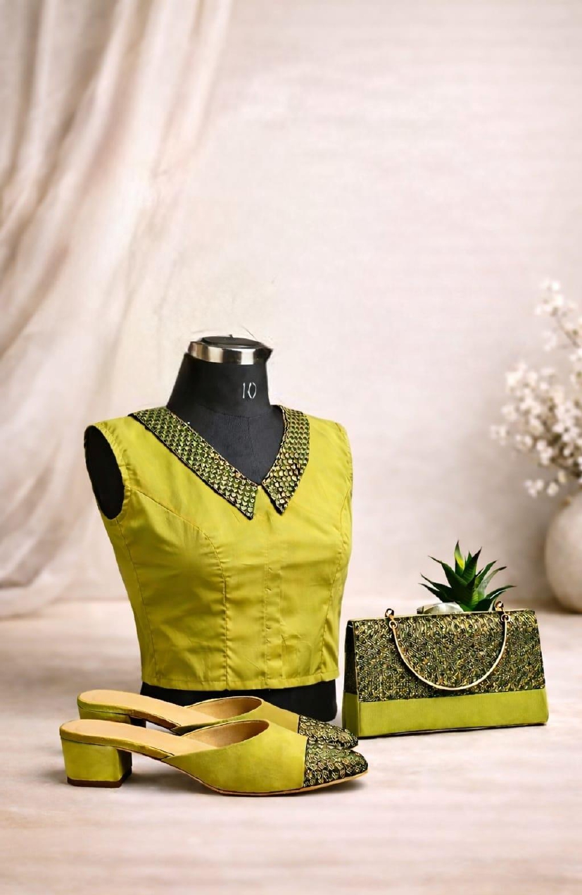 Green Pattu, Brocade Blouse - Sleeveless